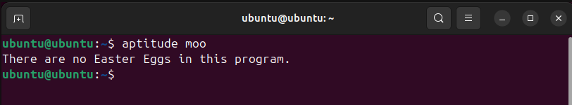 A saída do ovo de Páscoa do aptitude moo em um terminal Ubuntu.