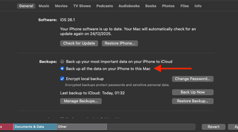The Back up all the data on your iPhone to this Mac option in Finder.