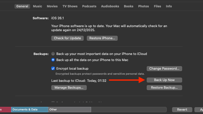 The Back Up Now button in Finder.