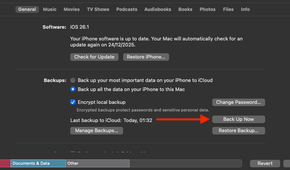 The Back Up Now button in Finder.