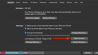 The Back Up Now button in Finder.