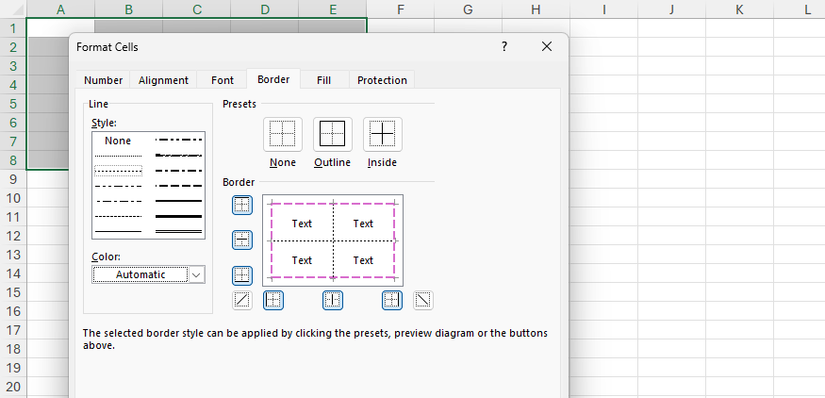 The Border tab of Excel's Format Cells dialog box, with a thick dashed purple border and a thin dashed black inner border applied to selected cells.
