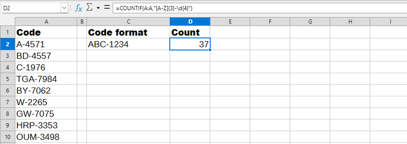 The COUNTIF function in Calc, with a regex pattern used as the criterion.