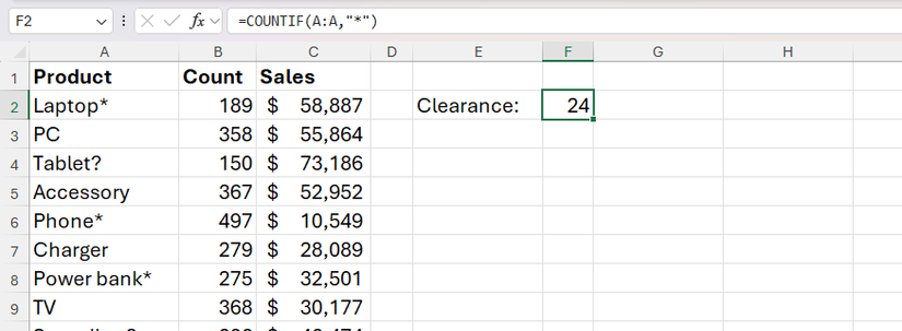 However, the formula counts every non-blank cell in column A because the asterisk is interpreted as 