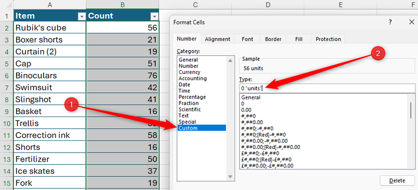 Пользовательский числовой формат Excel: к числам подставляется слово ‘шт.’.