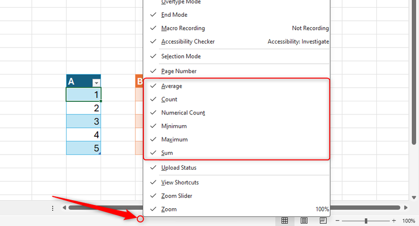 The Customize Status Bar menu in Excel is opened, and the mathematical options are highlighted.