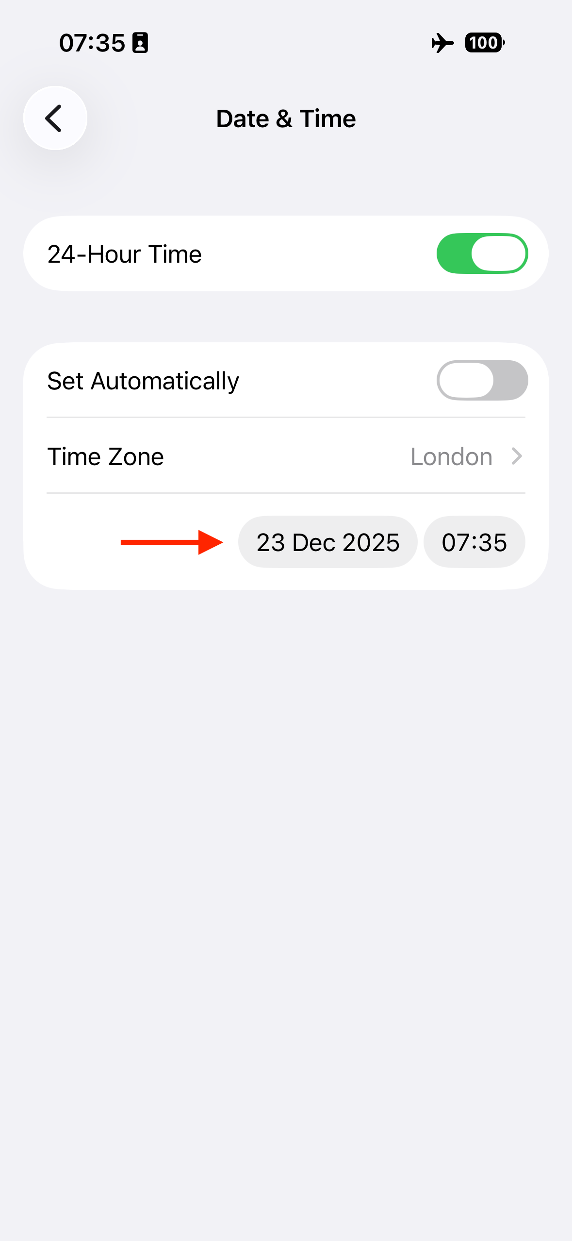 The Date setting in the Date & Time settings on an iPhone.