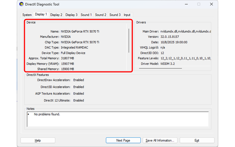 A janela DirectX Diagnostics exibindo a GPU.