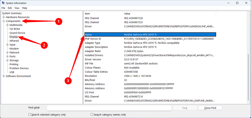 Os componentes de exibição listados em Informações do sistema.