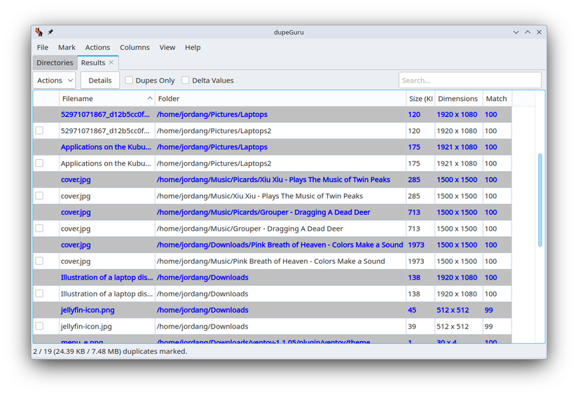 The dupeGuru app interface shows several duplicate image files.