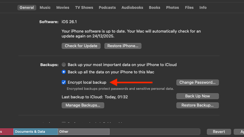 The Encrypt local backup option in Finder.