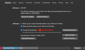 The Encrypt local backup option in Finder.