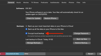 The Encrypt local backup option in Finder.