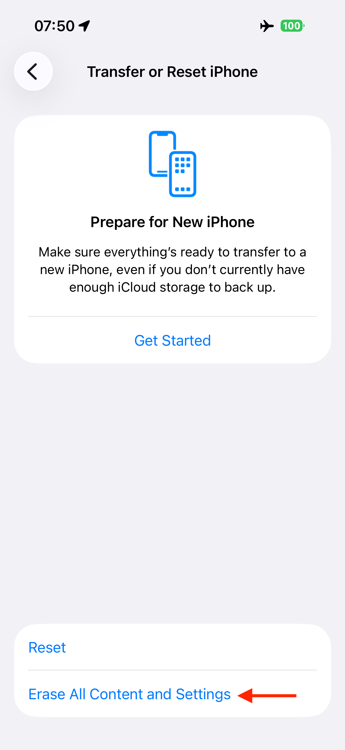 The Erase All Content and Settings option in the Transfer or Reset iPhone settings on an iPhone.