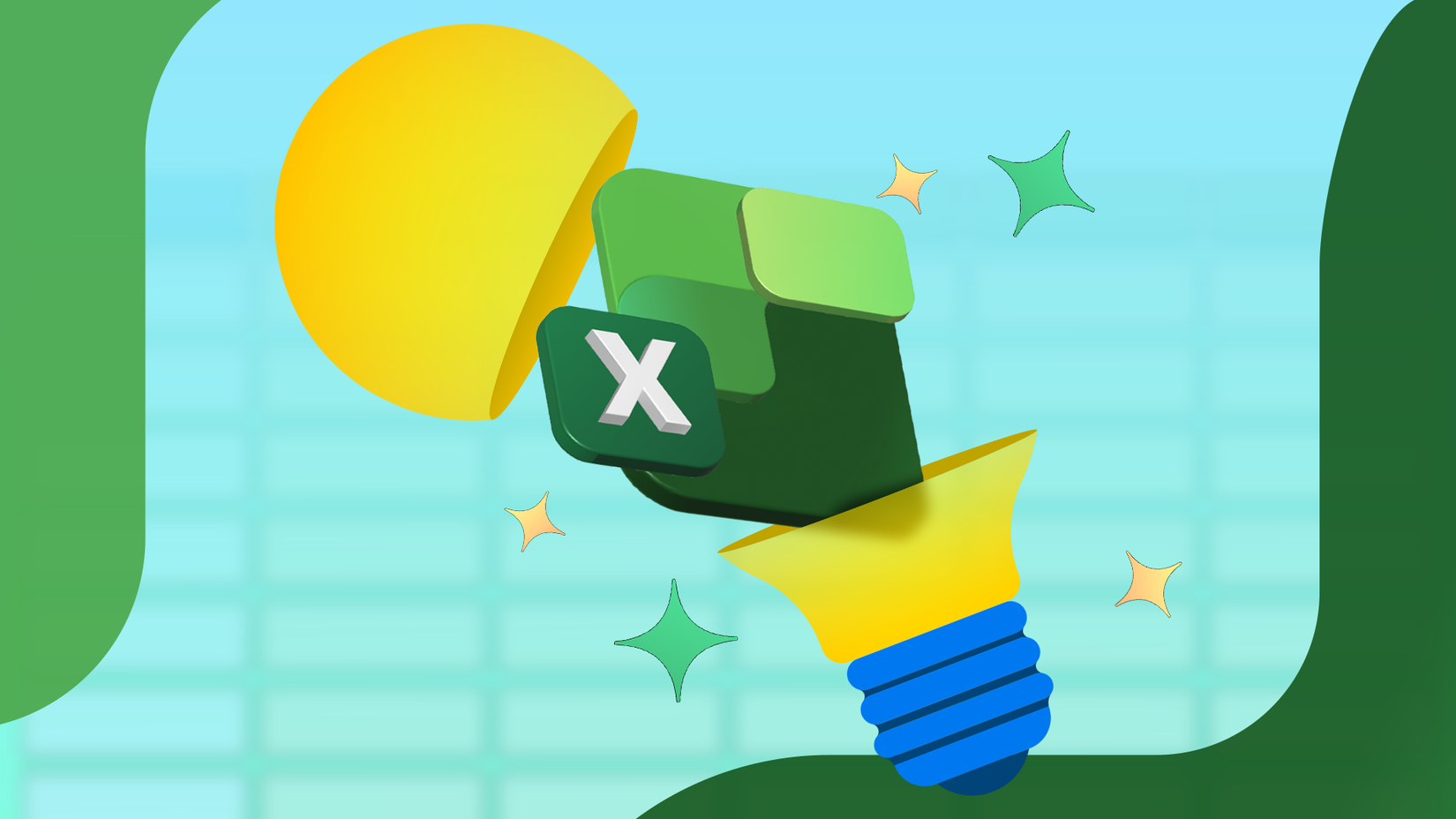 The Excel logo coming out of a lightbulb with colorful sparkles around it.