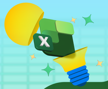 The Excel logo coming out of a lightbulb with colorful sparkles around it.