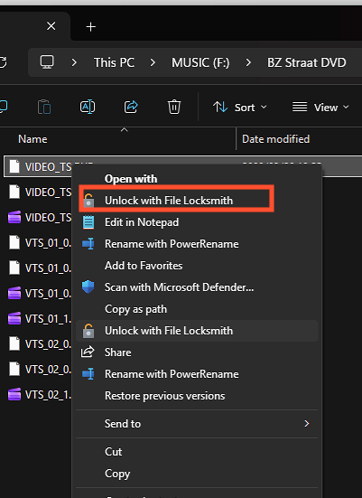 The file Locksmith context menu.