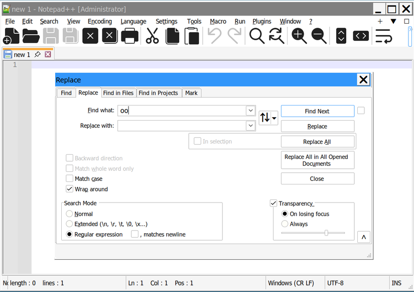 Find and replace function in Notepad++.