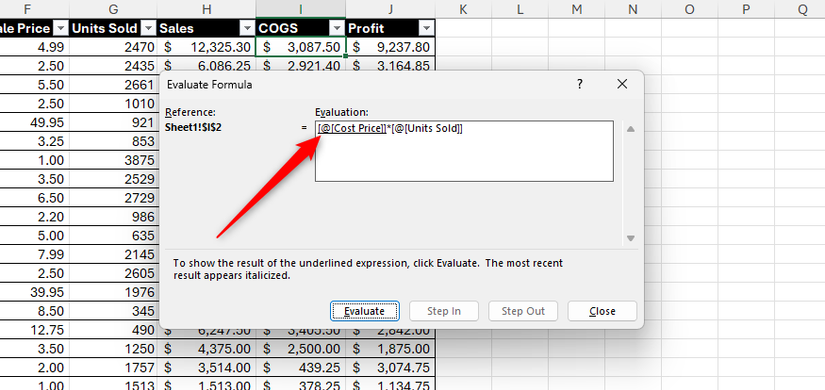 A primeira expressão de uma fórmula é sublinhada na caixa de diálogo Avaliar Fórmula do Excel.
