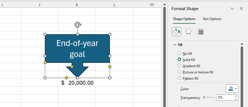 Format Shape panel for down arrow callout shape in Excel.