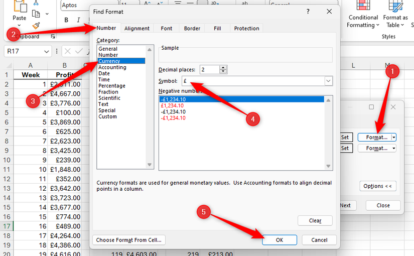 The GBP currency number format is selected in Excel's Find Format dialog box.
