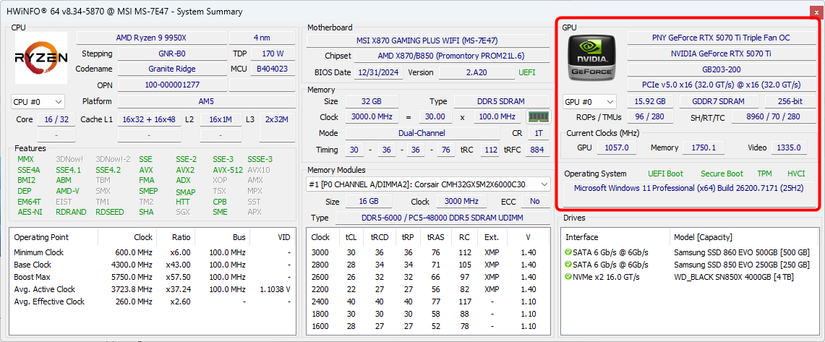 A seção GPU da página de resumo do HWiNFO.