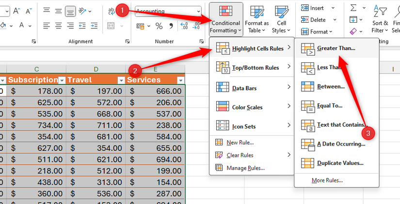 Выбрано условное форматирование ‘Больше’ в Excel.