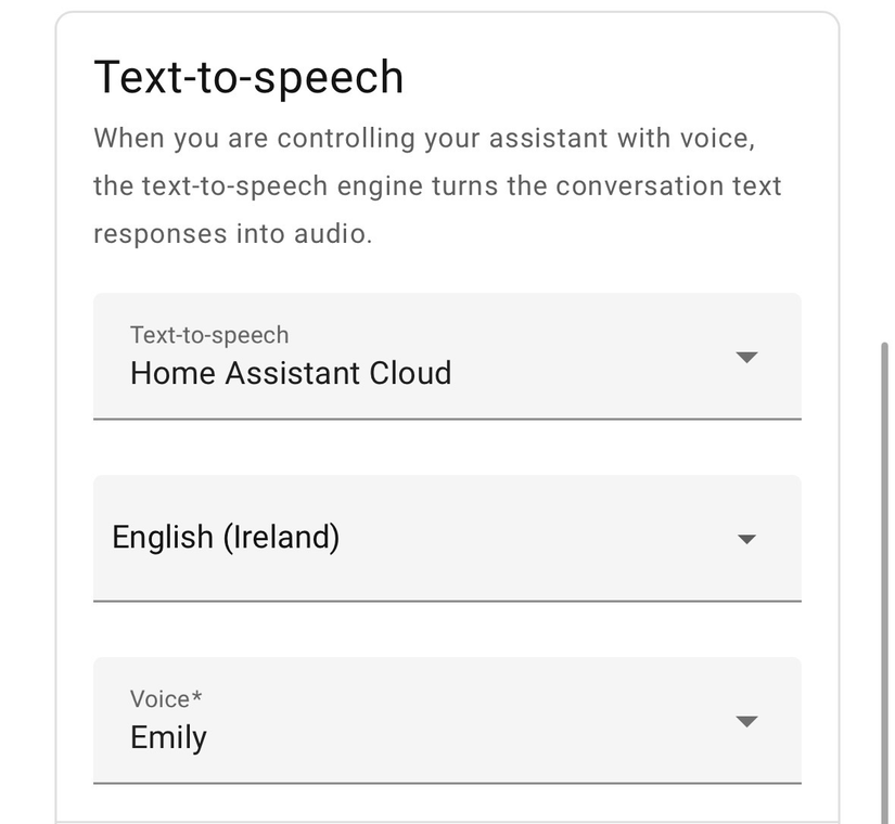 Home Assistant text-to-speech options, showing Home Assistant Cloud as the text-to-speech engine.