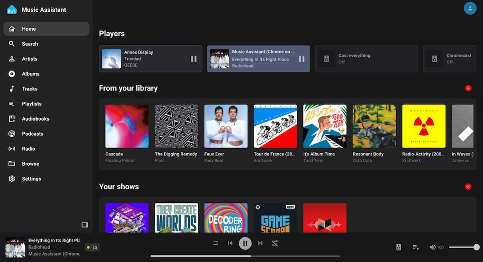 The home screen of the Music Assistant application interface.