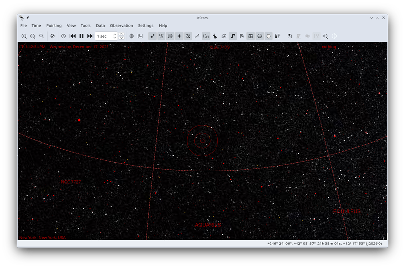 O aplicativo Kstars mostrando uma vista do planetário.