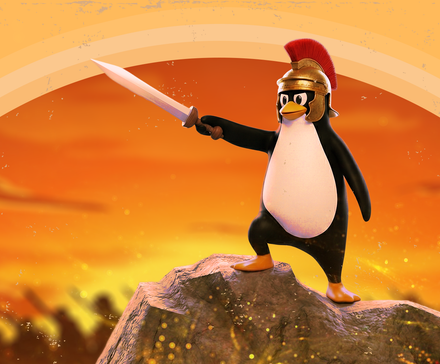 Талисман Linux в шлеме легионера стоит на скале с поднятым мечом на фоне заката.
