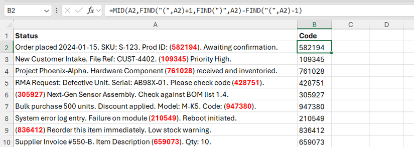 The MID and FIND functions used in a formula in legacy Excel to extract a digit string from a messy text string.