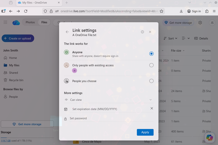 The OneDrive share with a password option