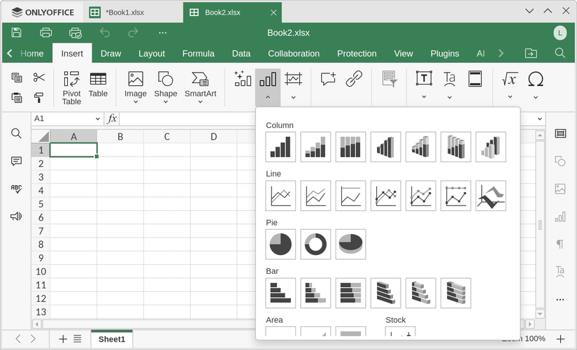 Las opciones de gráficos de hoja de cálculo de ONLYOFFICE.