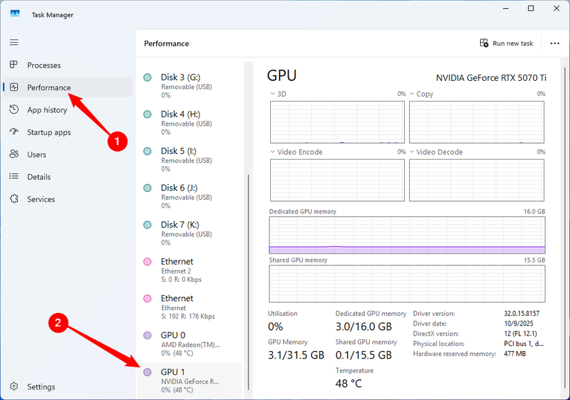 A guia Desempenho no Gerenciador de Tarefas mostrando o nome e a atividade da GPU.