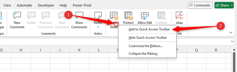 Hình ảnh 22: Nút Bảo vệ Trang tính (Protect Sheet) trong tab Xem lại (Review) của Excel được chọn, và tùy chọn 'Thêm vào Thanh công cụ Truy cập Nhanh' được làm nổi bật.