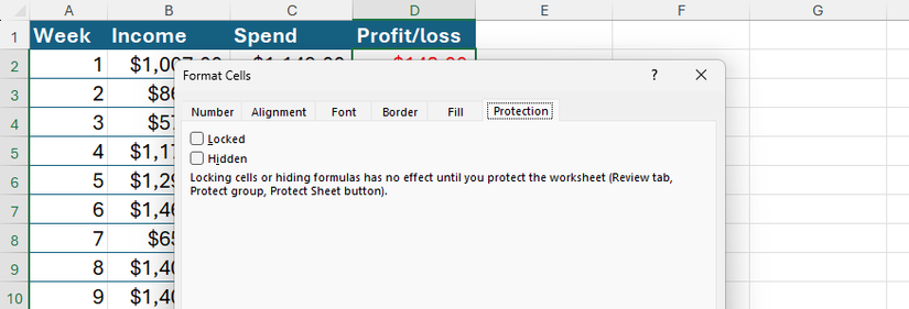 The Protection tab in Excel's Format Cells dialog box.