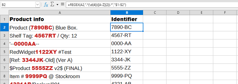 The REGEX function used in Calc to extract an identifier from a messy text string and reformat it as four numbers, a hyphen, and two letters.