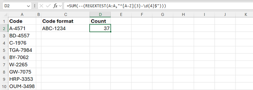 The REGEXTEST function nested inside SUM in Excel to count the number of codes that follow the ABC-1234 format.