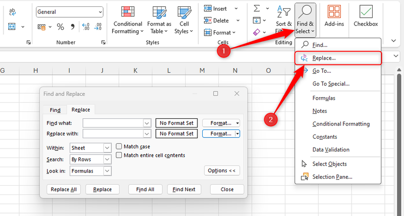 Replace option in Excel's Find and Select drop-down menu.