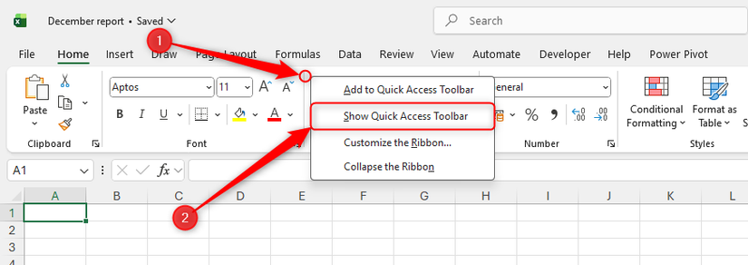Hình ảnh 20: Menu chuột phải trên Ribbon của Excel được mở rộng, và tùy chọn 'Hiển thị Thanh công cụ Truy cập Nhanh' được chọn.