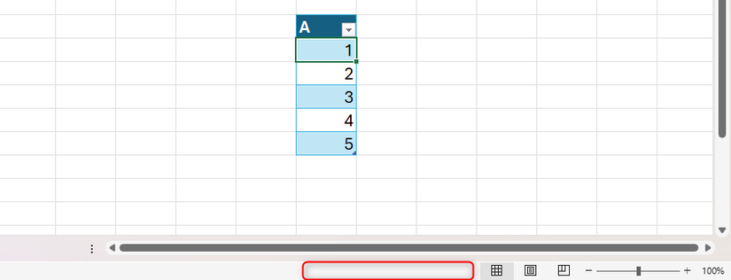 The right-hand side of the status bar in Excel is blank because only one cell is selected.