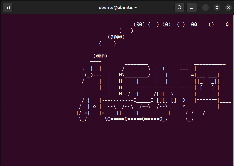 A animação sl train em um terminal Ubuntu.