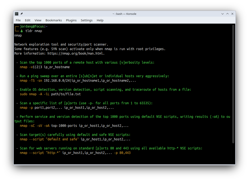 O comando tldr sendo usado para procurar ajuda sobre o comando nmap.