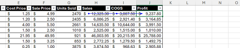 A seta Trace Precedents no Excel, mostrando que a célula J2 usa valores nas células H2 e I2 em sua fórmula.
