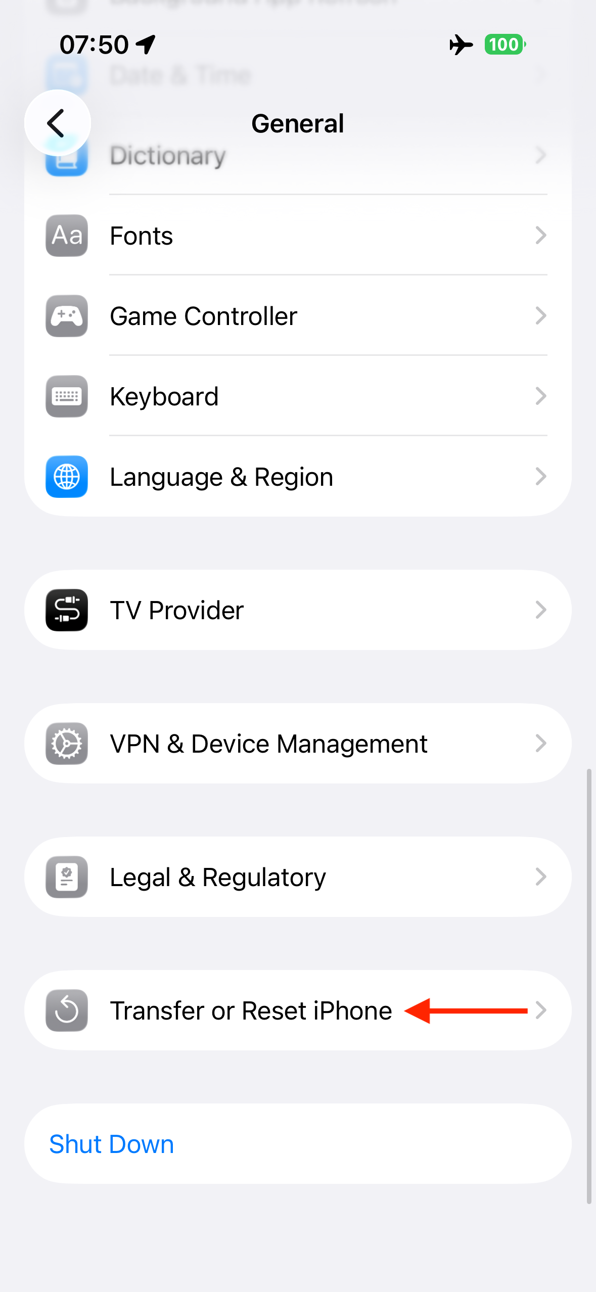 The Transfer or Reset iPhone option in the iPhone General settings.