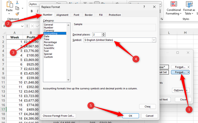 The USD currency number format is selected in Excel's Replace Format dialog box.