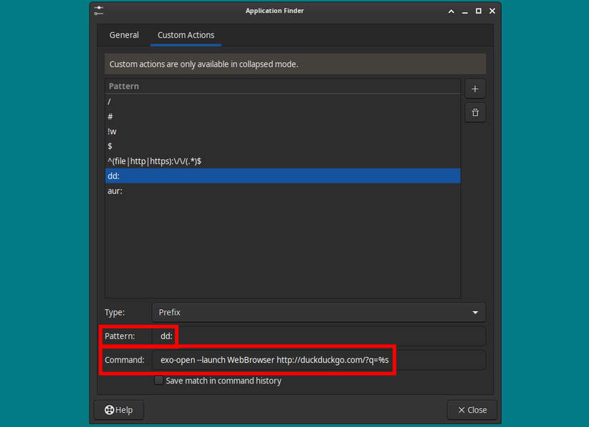 The Xfce Application Finder preferences menu showing custom actions with a DuckDuckGo search command in place.