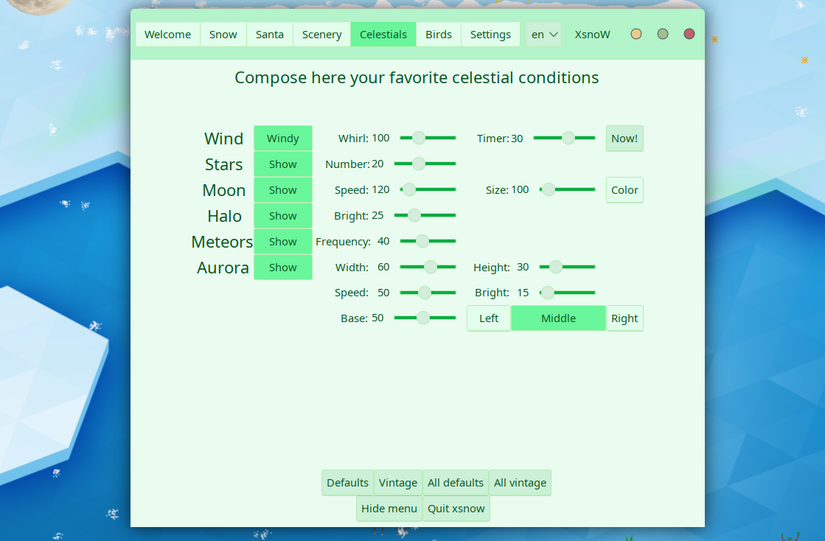 O menu de diálogo xsnow.