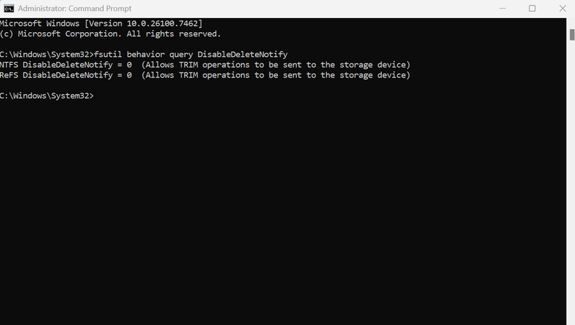 Screenshot of Windows 11 Command Prompt dialog showing TRIM enabled.